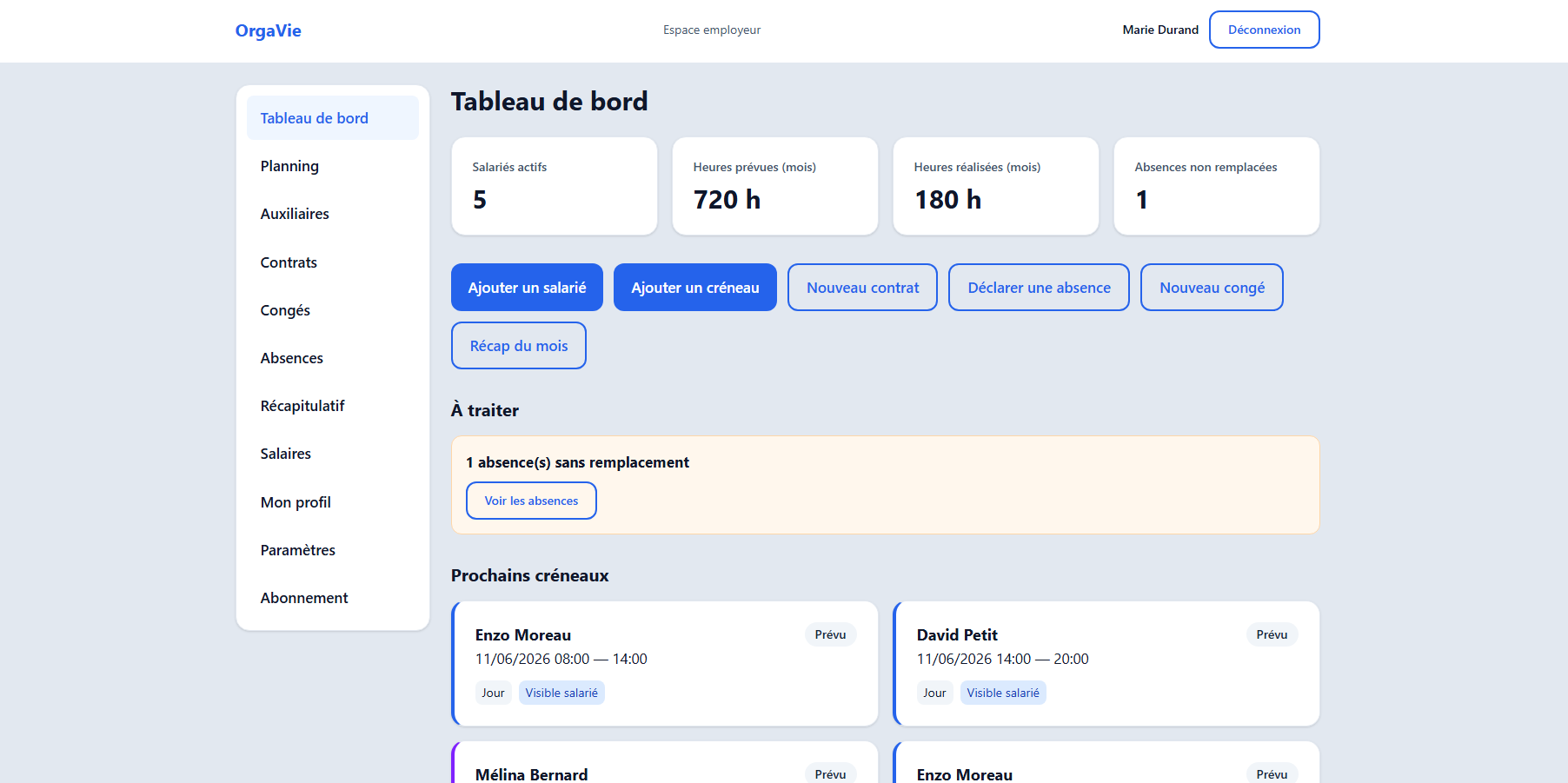 Tableau de bord OrgaVie — vue d'ensemble des salariés, heures et absences